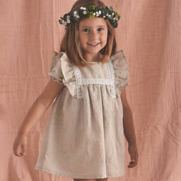 Babidu-Girls Beige Cotton Dress | Childrensalon Outlet