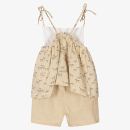 Babidu-Girls Beige Zebra Shorts Set | Childrensalon Outlet