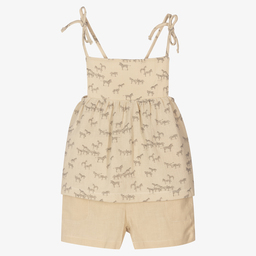 Babidu-Girls Beige Zebra Shorts Set | Childrensalon Outlet
