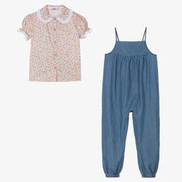 Babidu-Girls Blue Chambray Dungaree Set | Childrensalon Outlet