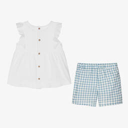 Babidu-طقم شورت كاروهات قطن لون أزرق وأبيض للبنات | Childrensalon Outlet