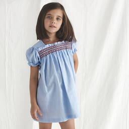 Babidu-Girls Blue Cotton Smocked Dress | Childrensalon Outlet