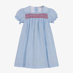 Babidu-Girls Blue Cotton Smocked Dress | Childrensalon Outlet