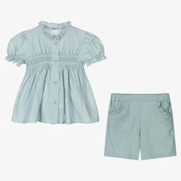 Babidu-Girls Green Cotton Shorts Set | Childrensalon Outlet
