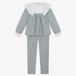 Babidu- Girls Grey Frill Cotton Trouser Set | Childrensalon Outlet