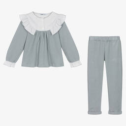 Babidu- Girls Grey Frill Cotton Trouser Set | Childrensalon Outlet