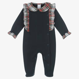 Babidu-Girls Navy Blue Cotton Tartan Babygrow | Childrensalon Outlet