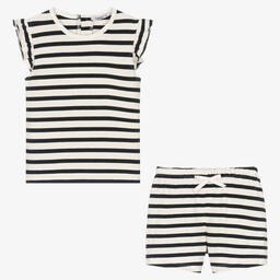 Babidu-Girls Navy Blue Striped Cotton Shorts Set | Childrensalon Outlet