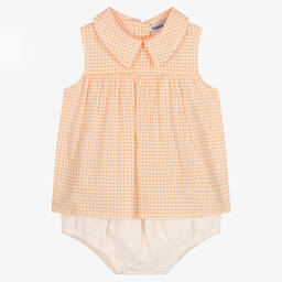 Babidu-Girls Orange Gingham Cotton Shorts Set | Childrensalon Outlet