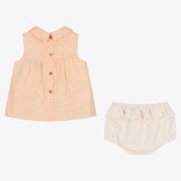 Babidu-Girls Orange Gingham Cotton Shorts Set | Childrensalon Outlet