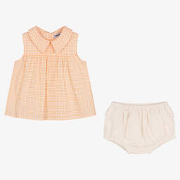 Babidu-Girls Orange Gingham Cotton Shorts Set | Childrensalon Outlet