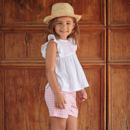 بابيدو -طقم شورت كاروهات قطن موسلين لون أبيض و زهري للبنات | Childrensalon Outlet