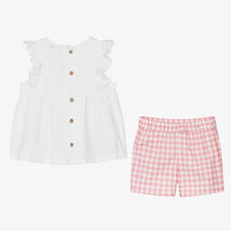 بابيدو -طقم شورت كاروهات قطن موسلين لون أبيض و زهري للبنات | Childrensalon Outlet