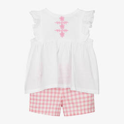 بابيدو -طقم شورت كاروهات قطن موسلين لون أبيض و زهري للبنات | Childrensalon Outlet