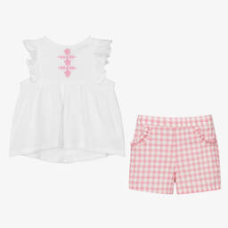 بابيدو -طقم شورت كاروهات قطن موسلين لون أبيض و زهري للبنات | Childrensalon Outlet