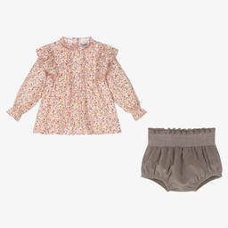 Babidu-Girls Pink Cotton Floral Shorts Set | Childrensalon Outlet