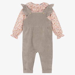 Babidu-Girls Pink Floral Cotton Dungaree Set | Childrensalon Outlet