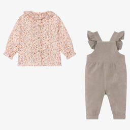 Babidu-Girls Pink Floral Cotton Dungaree Set | Childrensalon Outlet