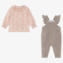 Babidu-Girls Pink Floral Cotton Dungaree Set | Childrensalon Outlet