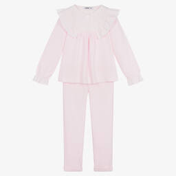 Babidu-Girls Pink Frill Cotton Trouser Set | Childrensalon Outlet