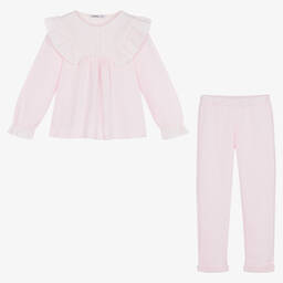 Babidu-Girls Pink Frill Cotton Trouser Set | Childrensalon Outlet