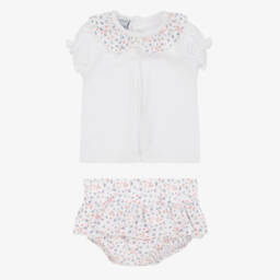 Babidu-Белый хлопковый наряд с цветочным узором для девочек | Childrensalon Outlet