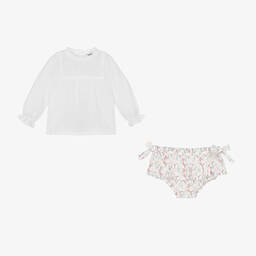 Babidu-Girls White Cotton Leaf Print Shorts Set | Childrensalon Outlet