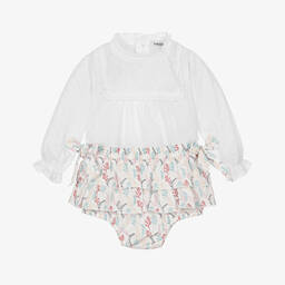Babidu-Girls White Cotton Leaf Print Shorts Set | Childrensalon Outlet