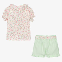 Babidu-Girls White & Green Floral Shorts Set | Childrensalon Outlet