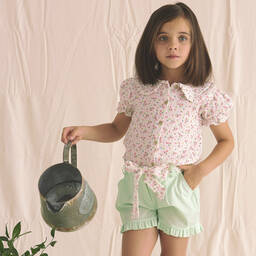 Babidu-Girls White & Green Floral Shorts Set | Childrensalon Outlet