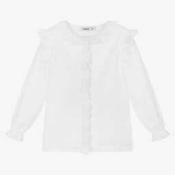 Babidu-بلوز قطن تويل مزين بكشكش لون أبيض للبنات | Childrensalon Outlet
