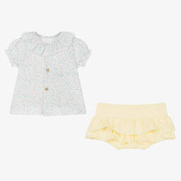 Babidu-طقم شورت قطن لون أصفر وأبيض بطبعة ورود | Childrensalon Outlet