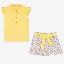 Babidu-Girls Yellow Floral Cotton Shorts Set | Childrensalon Outlet