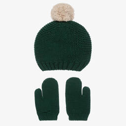 Babidu-Зеленая вязаная шапка и варежки из хлопка | Childrensalon Outlet
