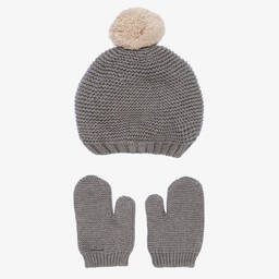 Babidu-Grey Knitted Hat & Mittens Set | Childrensalon Outlet