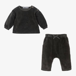 بابيدو -طقم بنطلون قطن عضوي مخمل كوردروي لون رمادي داكن للأطفال | Childrensalon Outlet