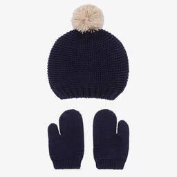 Babidu-Navy Blue Cotton Knit Hat & Mittens Set | Childrensalon Outlet