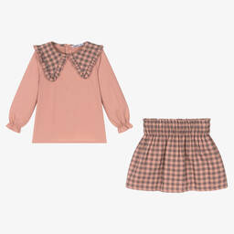 Babidu-Pink Cotton Check Skirt Set | Childrensalon Outlet