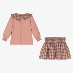 Babidu-Pink Cotton Check Skirt Set | Childrensalon Outlet