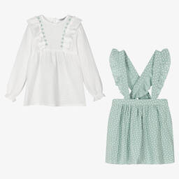 بابيدو -طقم تنورة قطن لون أخضر وأبيض | Childrensalon Outlet