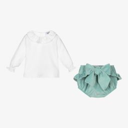 بابيدو -طقم شورت وبلوز أطفال بناتي قطن لون أخضر وأبيض | Childrensalon Outlet