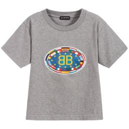 Balenciaga-Grey Cotton Flag Logo T-Shirt | Childrensalon Outlet