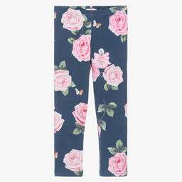Balloon Chic-Girls Blue Cotton Rose Print Leggings | Childrensalon Outlet