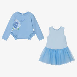 Balloon Chic-Girls Blue Cotton & Tulle Rose Dress | Childrensalon Outlet