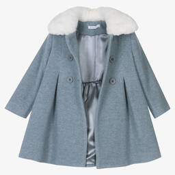 Balloon Chic-Girls Blue Wool Faux Fur Collar Coat | Childrensalon Outlet