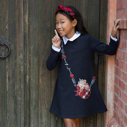 Balloon Chic-Girls Navy Blue Cotton Teddy Bear Dress | Childrensalon Outlet