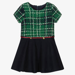 Balloon Chic-Girls Navy Blue & Green Tweed Dress | Childrensalon Outlet