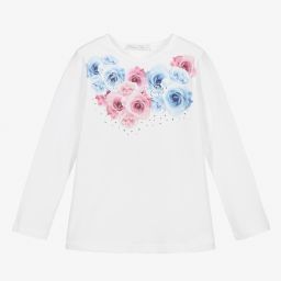 Balloon Chic-توب قطن جيرسي لون أبيض بطبعة ورود للبنات | Childrensalon Outlet