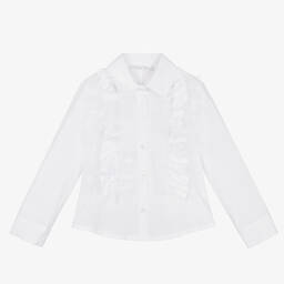 بالون شيك-قميص قطن مزين بكشكش لون أبيض للبنات | Childrensalon Outlet