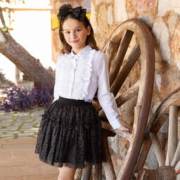 بالون شيك-قميص قطن مزين بكشكش لون أبيض للبنات | Childrensalon Outlet